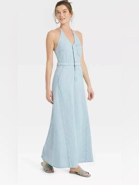 Universal Thread Light Wash Blue Denim Halter Backless Sleeveless Maxi Dress 00